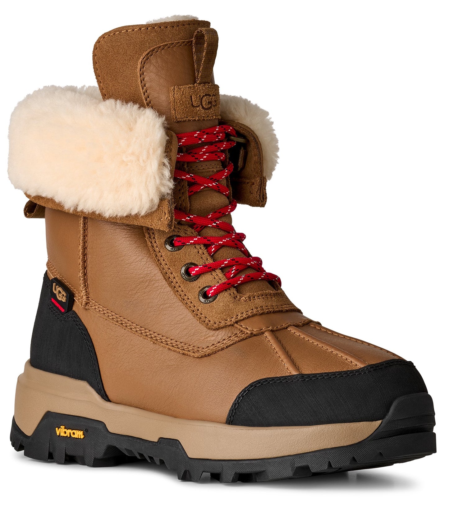 Tan leather boot with red laces, a cream shearling cuff, and a black heel.