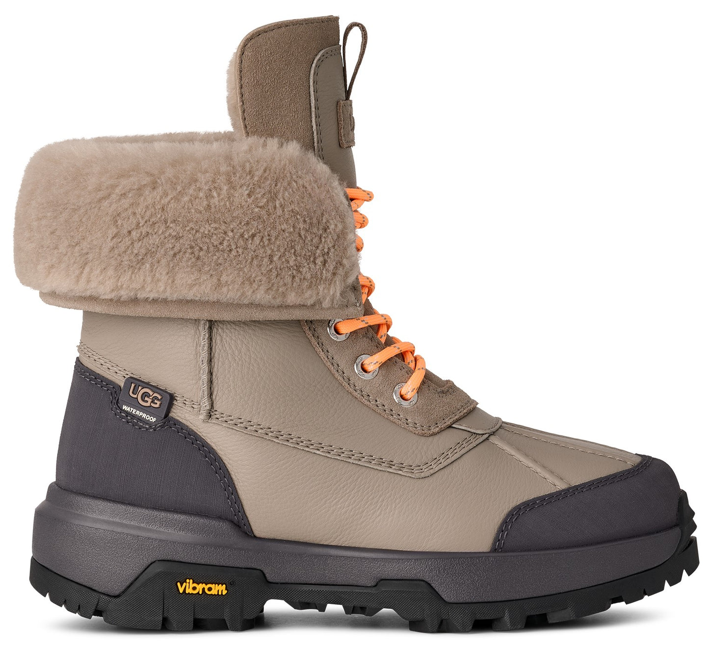 High cut boot in tan leather with gray rubber trim, orange laces, and shearling-style fold-over top.
