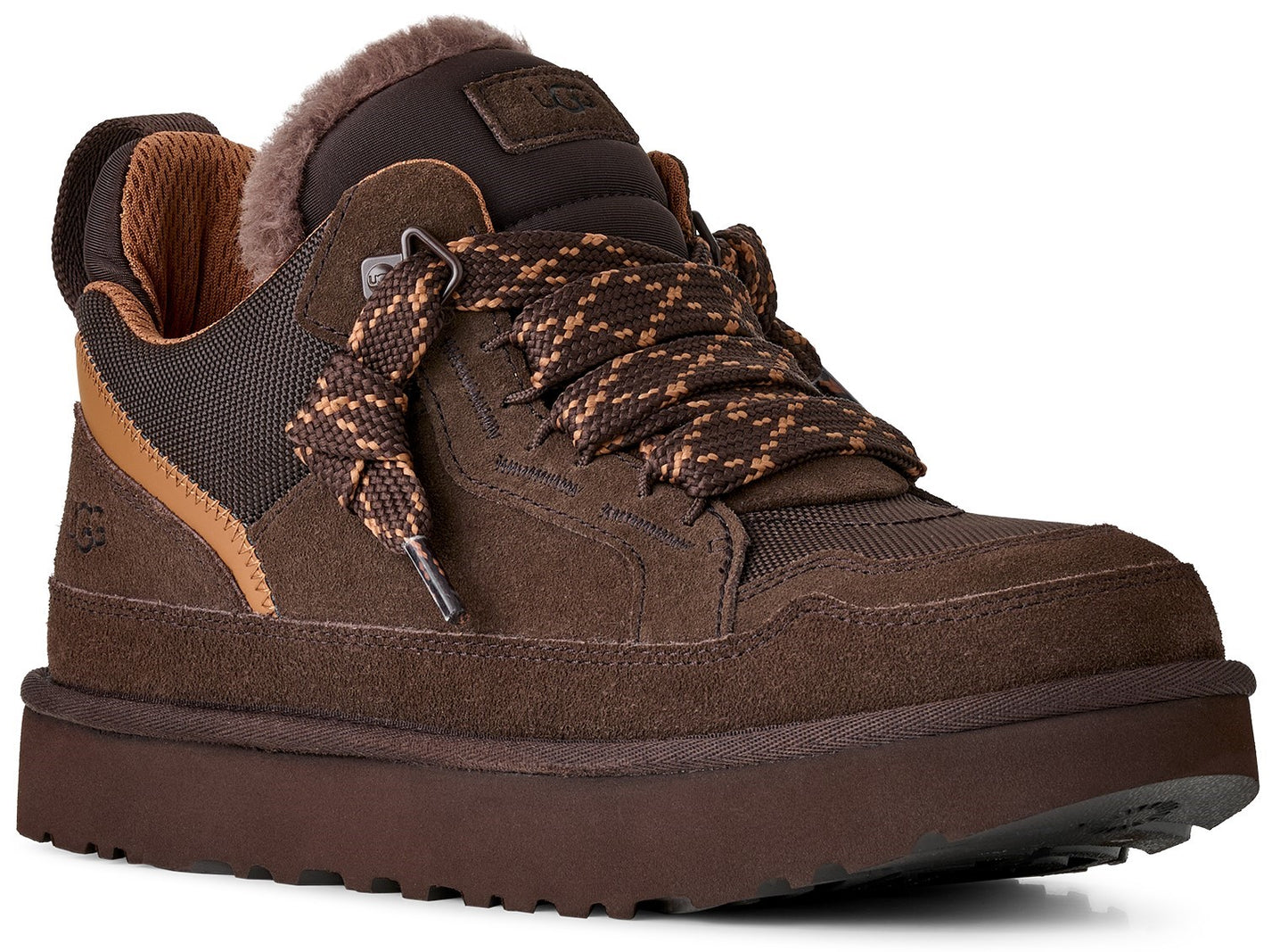 A brown suede sneaker-style boot with a thick platform sole, textured brown laces, and a plush fur-lined collar.