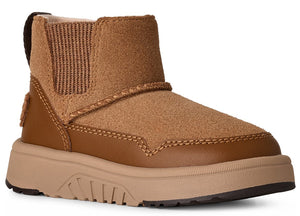 Brown UGG boot with synthetic leather trim and ribbed elastic ankle panel.
