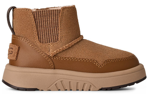 A kid's brown suede boot with an elastic side panel and pull tab.