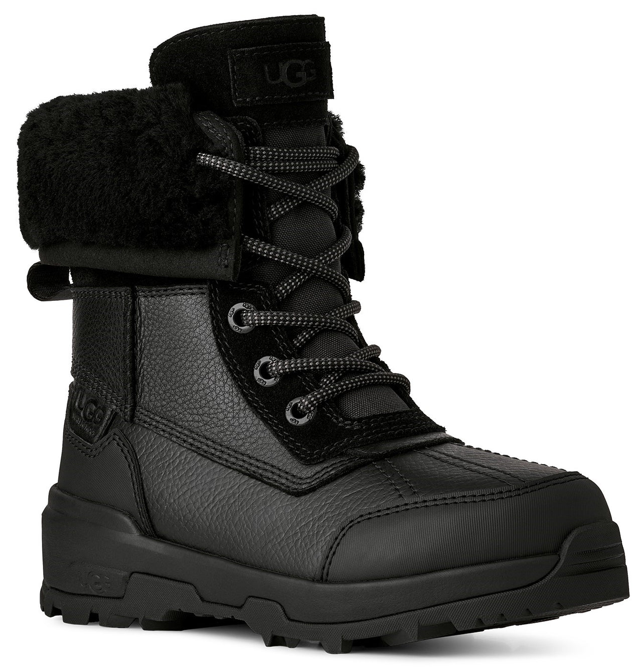 A black leather lace-up winter boot with a lugged sole, featuring a fur-lined collar and the word UGG embossed on the tongue and side.