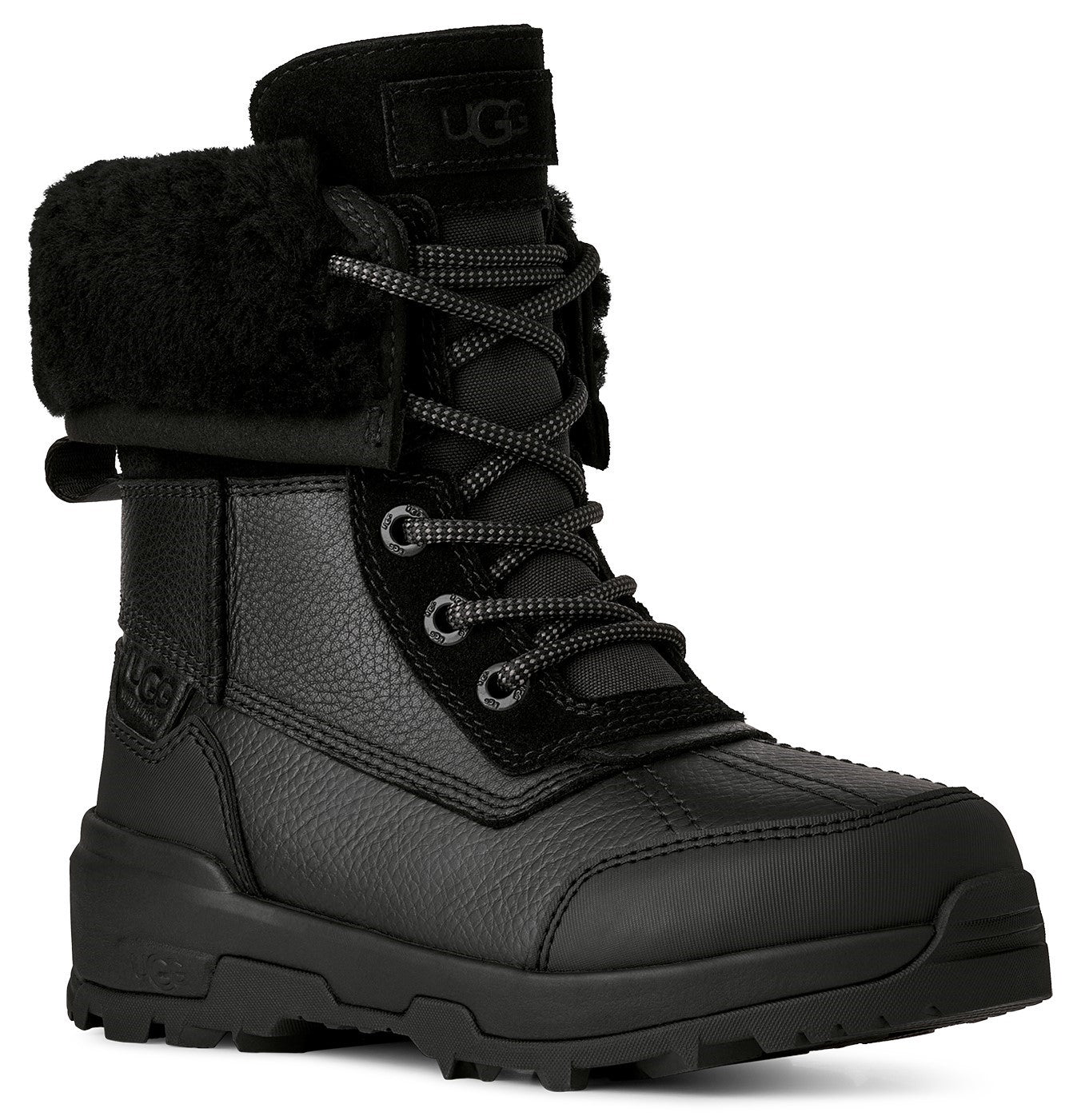 A black leather lace-up winter boot with a lugged sole, featuring a fur-lined collar and the word UGG embossed on the tongue and side.