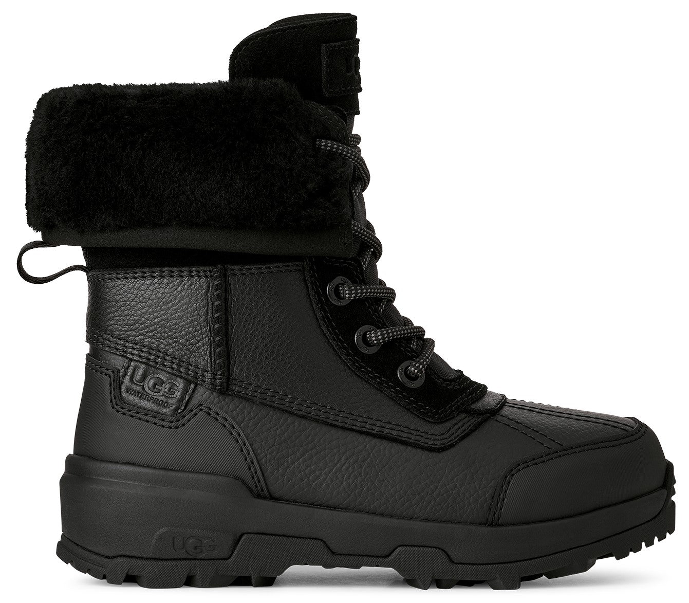 A black leather winter boot with a lace-up front, a thick faux fur cuff at the collar, and a rugged, waterproof sole, featuring an UGG logo stamped on the side heel and embossed on the rubber sole.