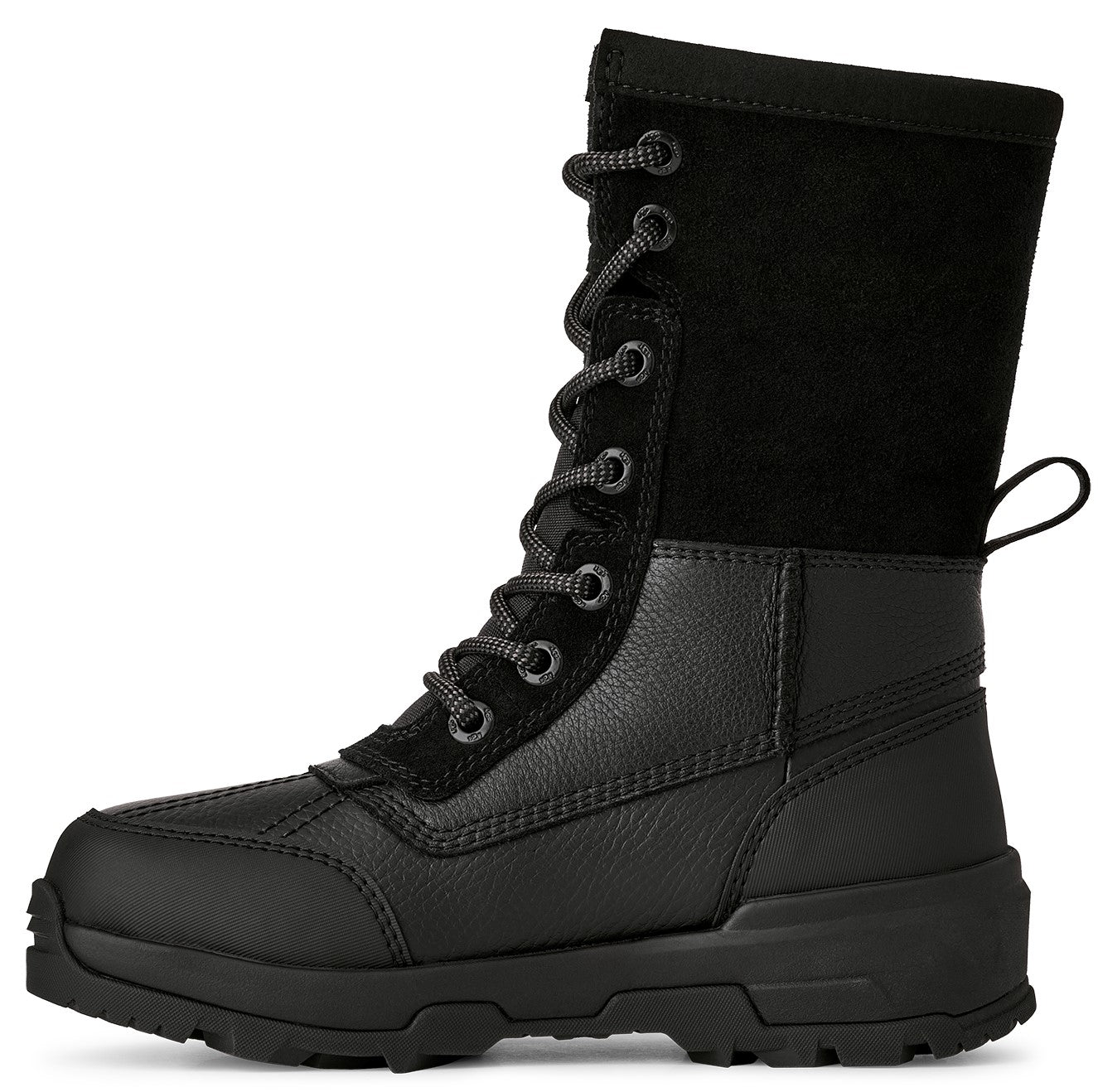 A black, mid-calf lace-up winter boot with a smooth leather toe cap, textured leather lower section, and suede upper shaft.