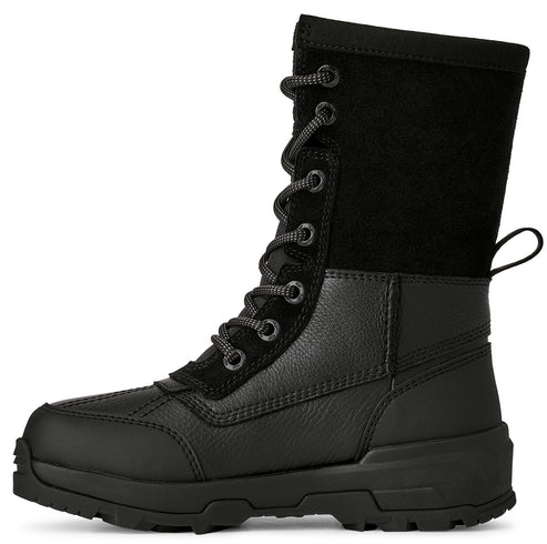 A black, mid-calf lace-up winter boot with a smooth leather toe cap, textured leather lower section, and suede upper shaft.