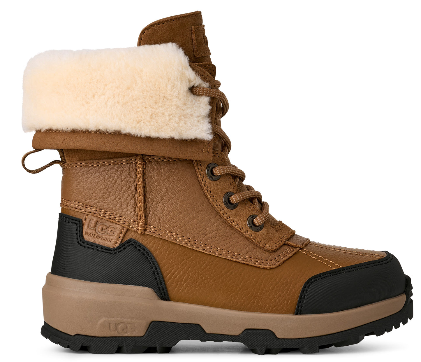Brown leather boot with fur trim, laces, and black and tan sole.