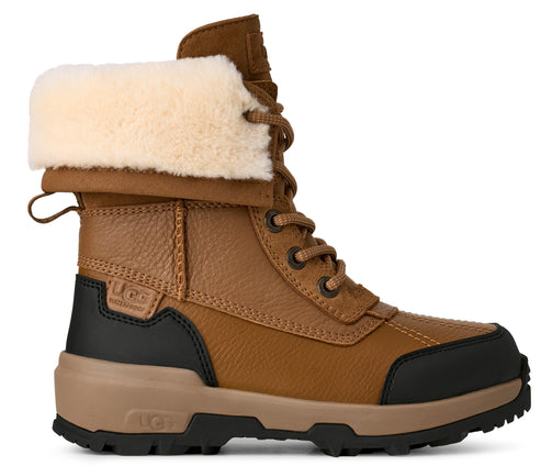 Brown leather boot with fur trim, laces, and black and tan sole.