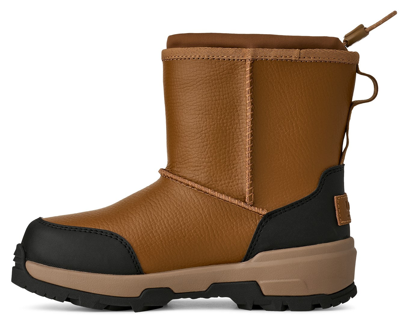 Brown, mid-calf boot with black sole and heel reinforcement.