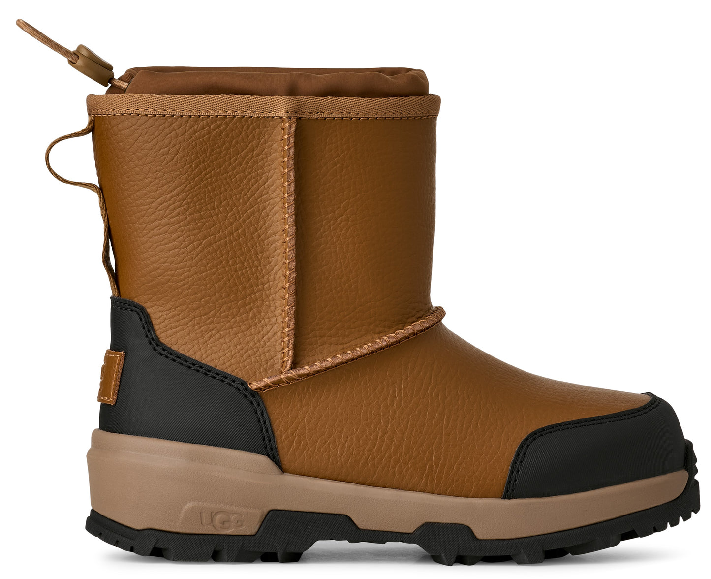 Tan short boot with black trim and sole and brown top.