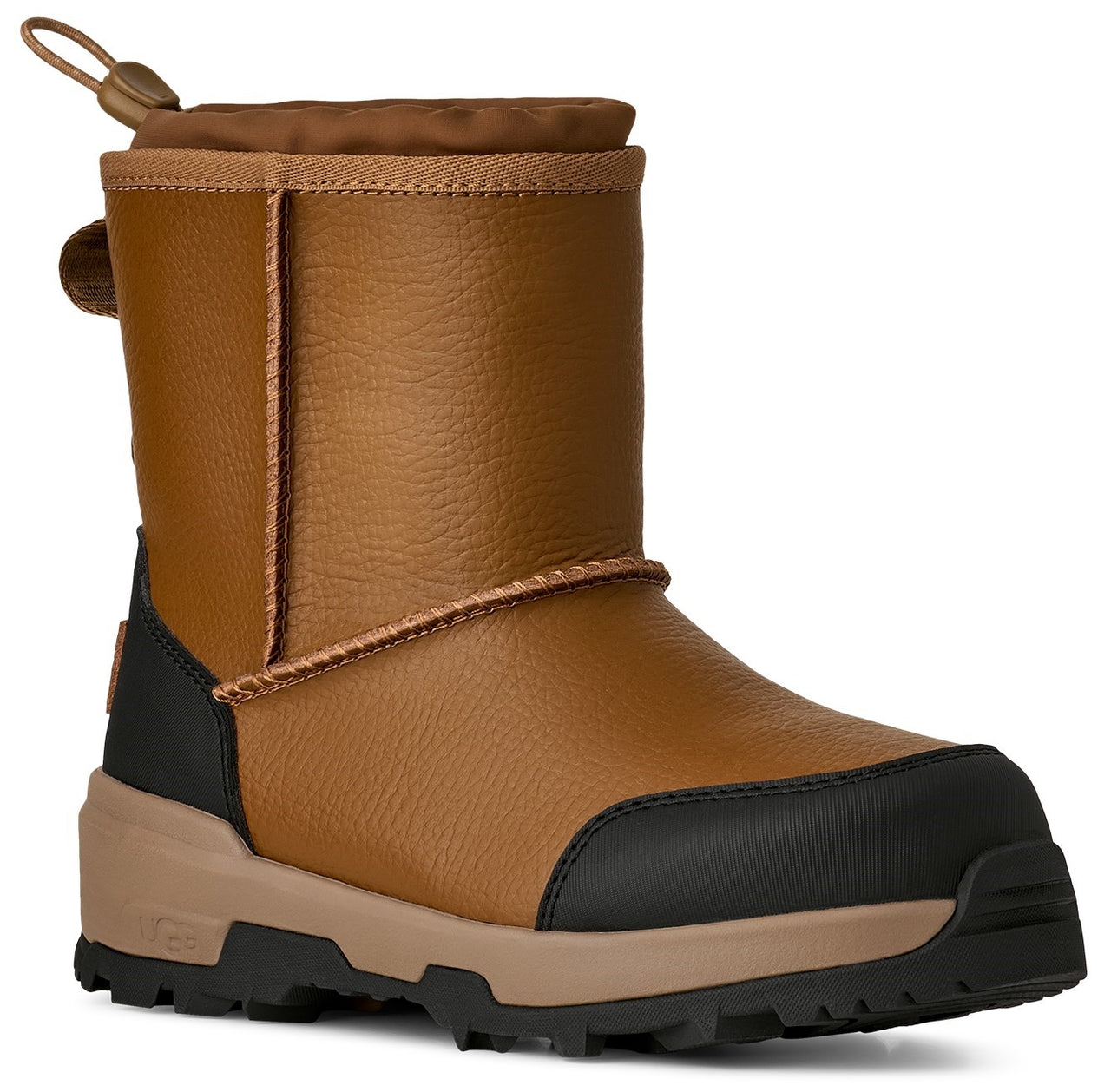 Brown ankle boot with black trim and lug sole.