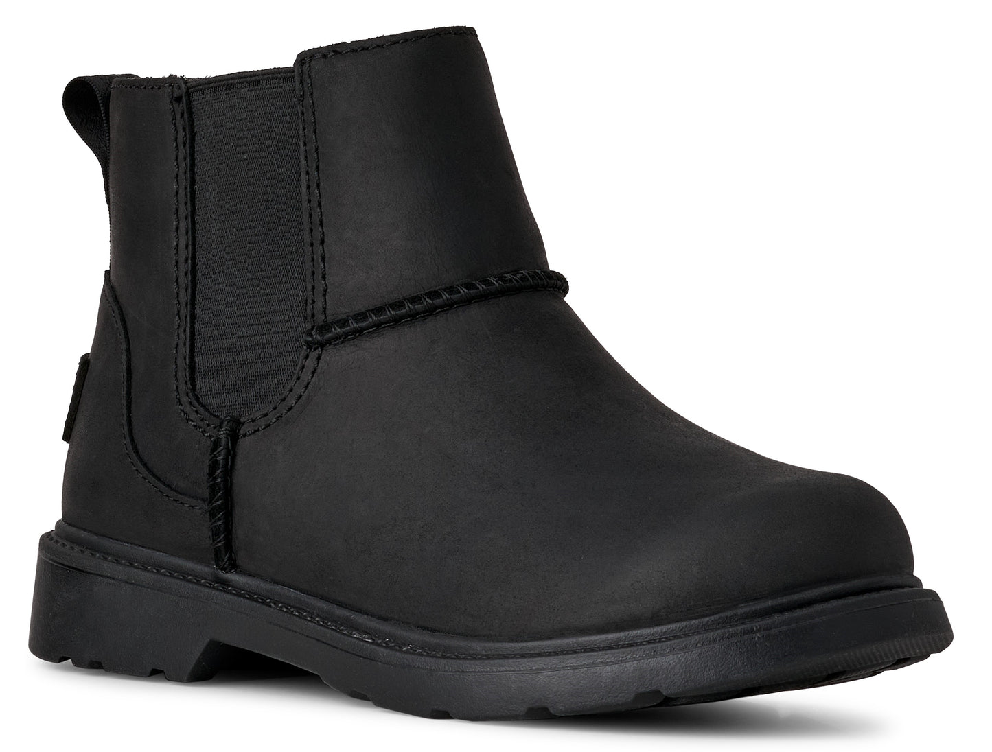 Black leather ankle boot with elastic side panels and pull tab.