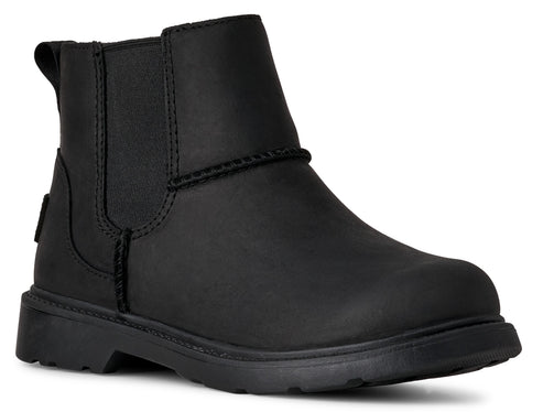 Black leather ankle boot with elastic side panels and pull tab.