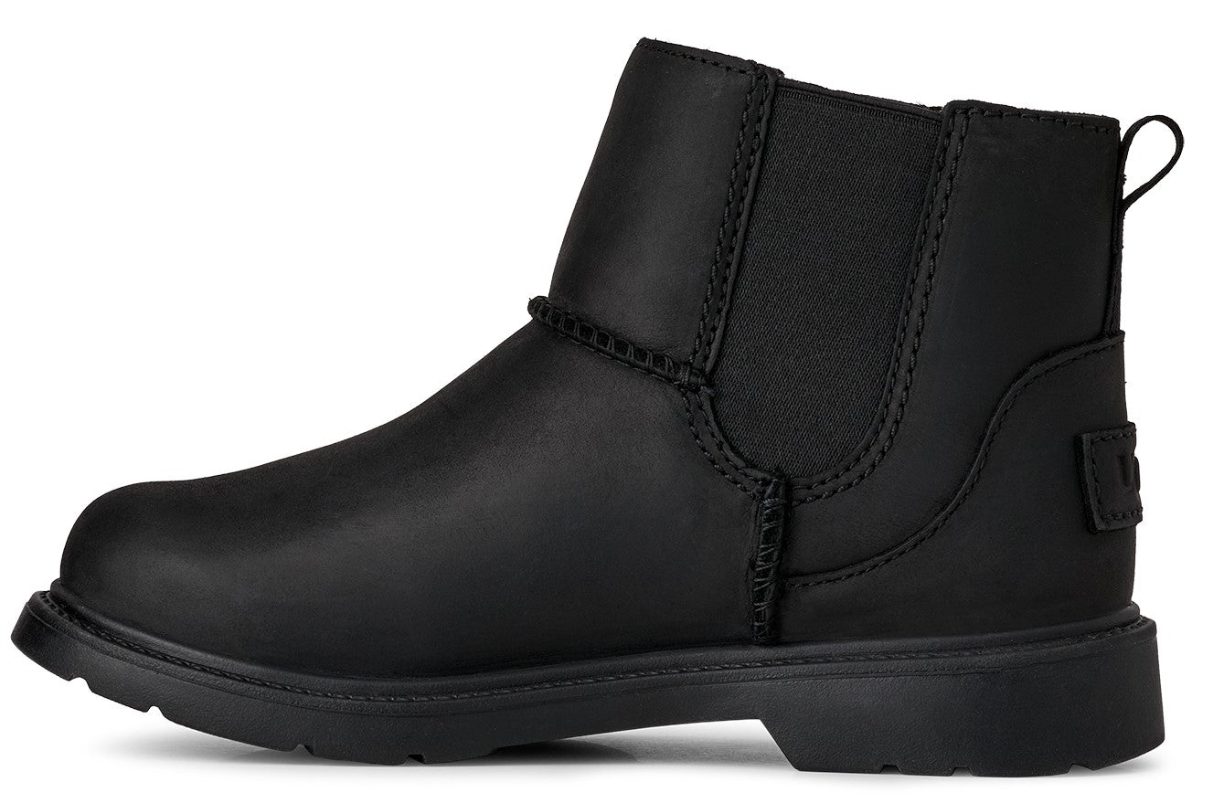Black ankle boot with elastic side panels and a pull loop.