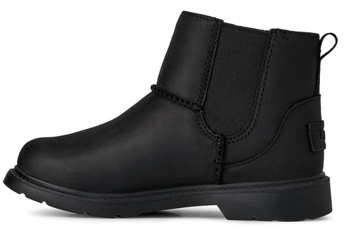 Black ankle boot with elastic side panels and a pull loop.