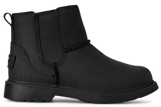 Black ankle boot with elastic side panels and a pull tab on the back.