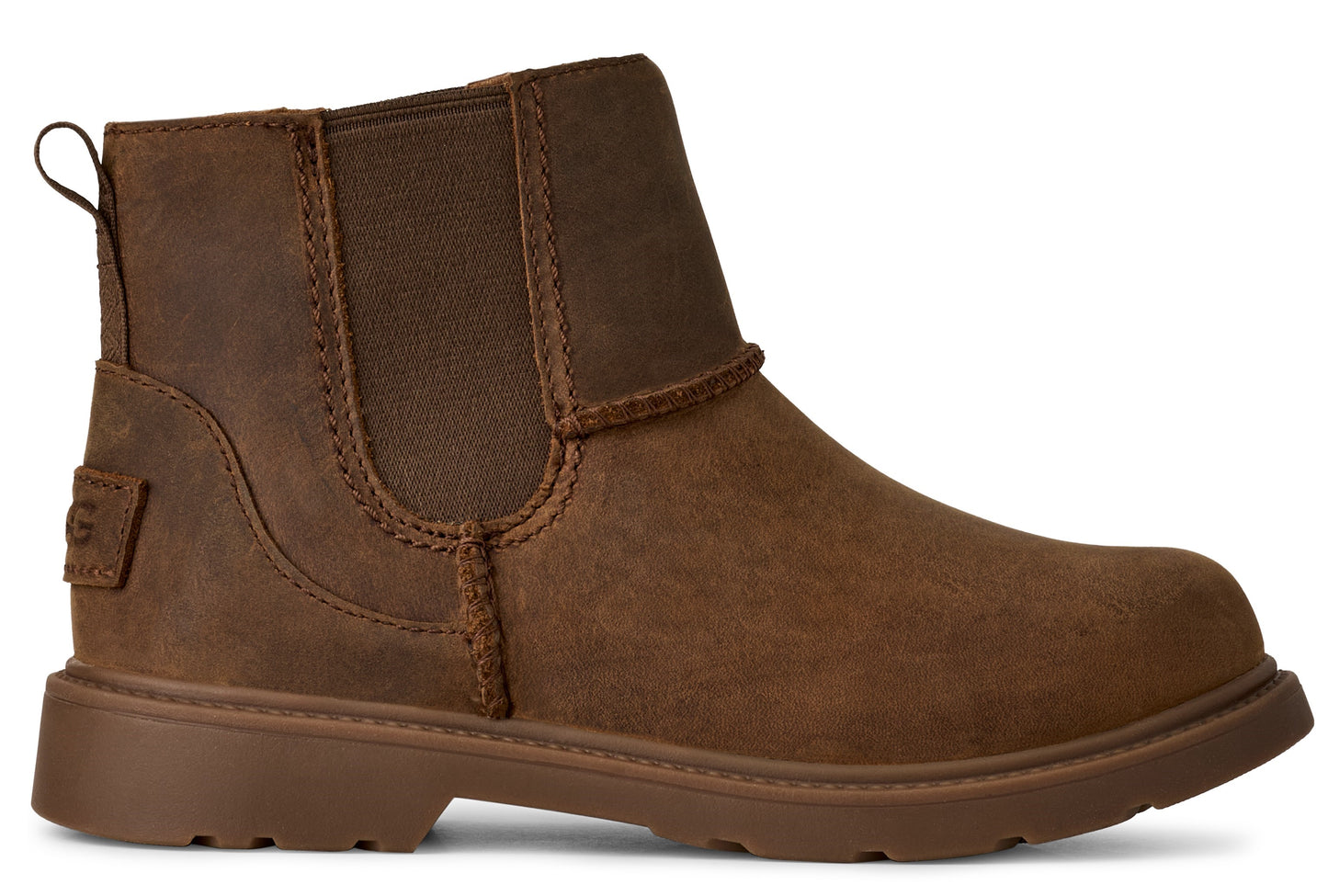 Brown ankle boot with elastic side panels and pull tab.