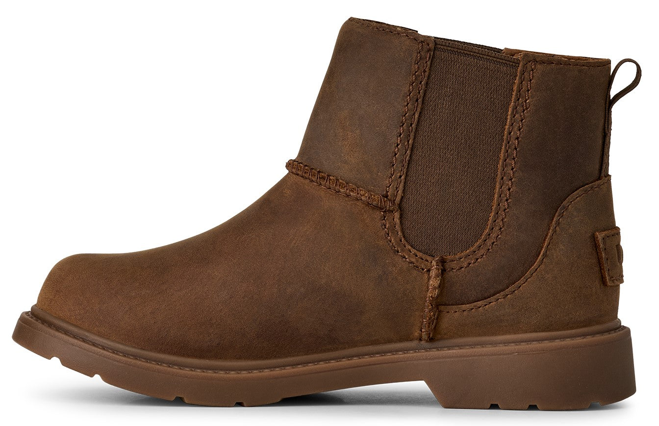 Brown leather ankle boot with elastic side panels and pull tab on the heel.