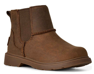 Brown ankle boot with elastic side panels and pull tab.
