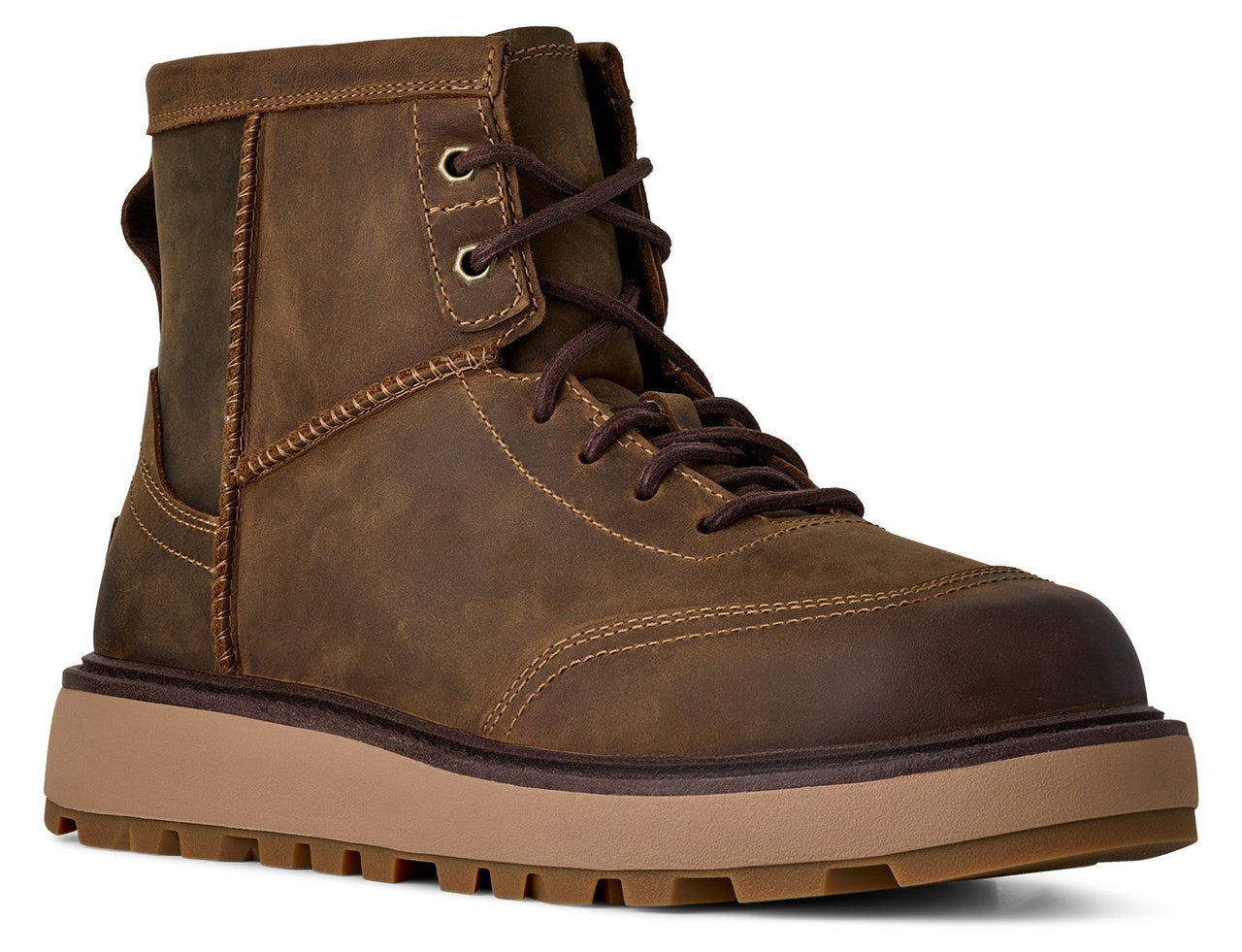 Brown leather work boot with laces and a thick sole.