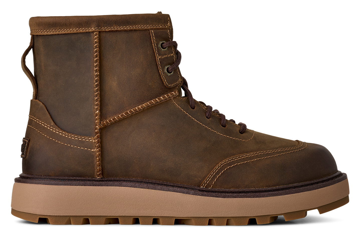 A brown leather lace-up ankle boot with a platform sole.