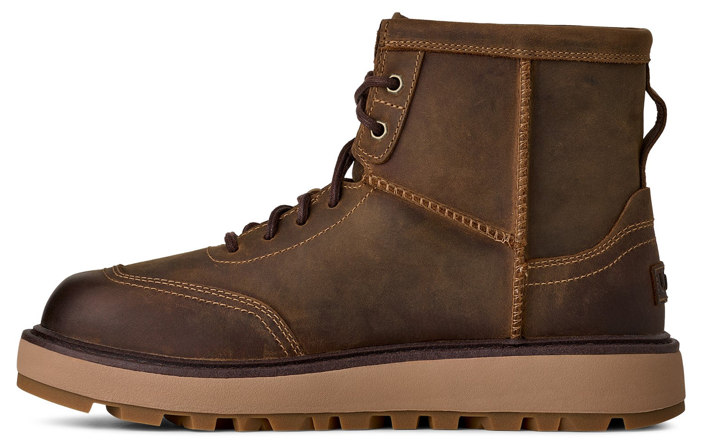 Brown leather work boot with a lug sole and lace-up closure.