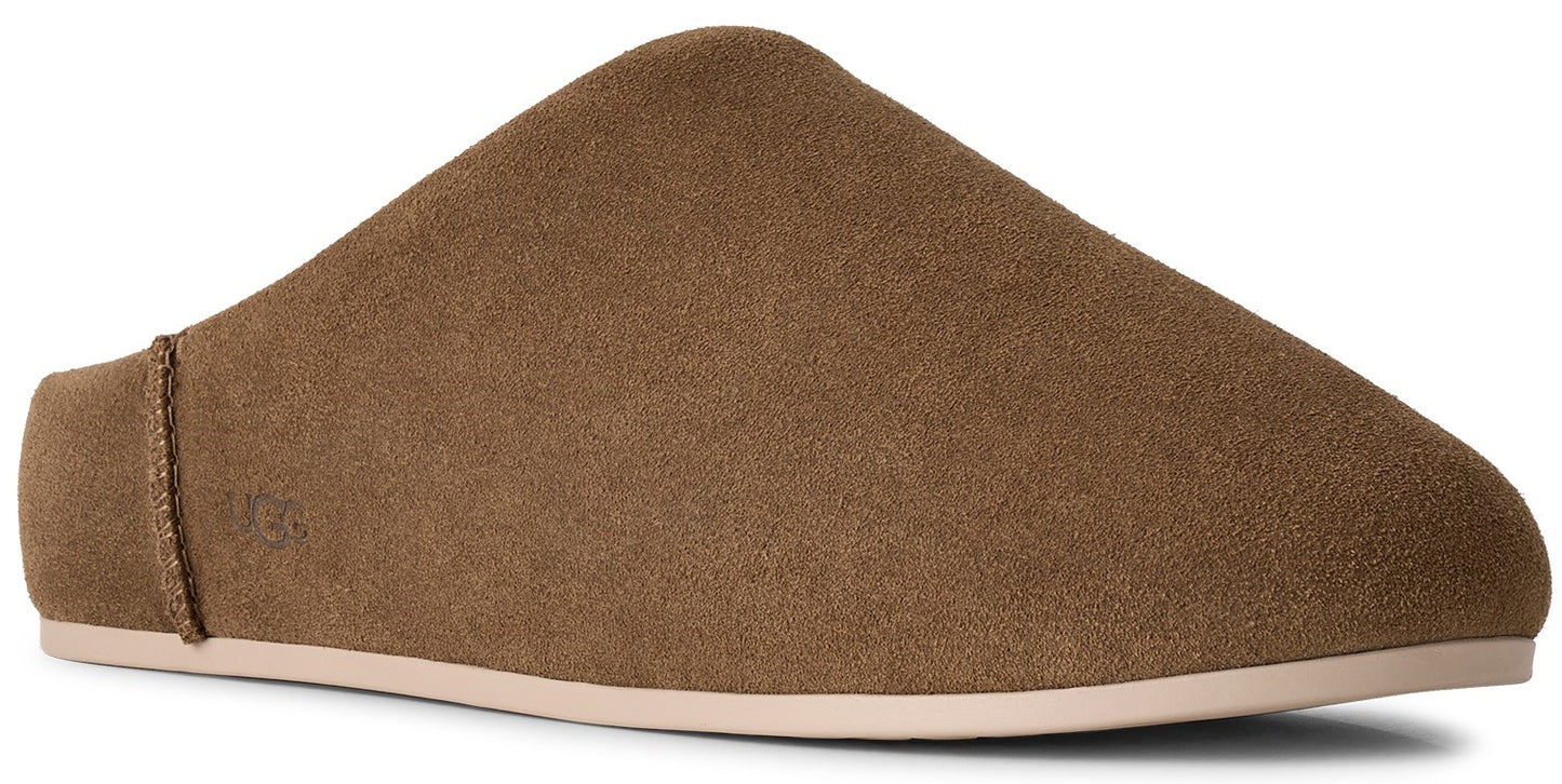 A brown suede slip-on mule shoe with a simple, rounded toe and a light-colored flat sole.