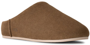 A brown suede slip-on mule shoe with a simple, rounded toe and a light-colored flat sole.