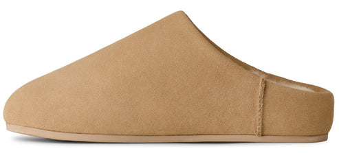 A tan, suede-like slipper with a closed toe and a slip-on style.