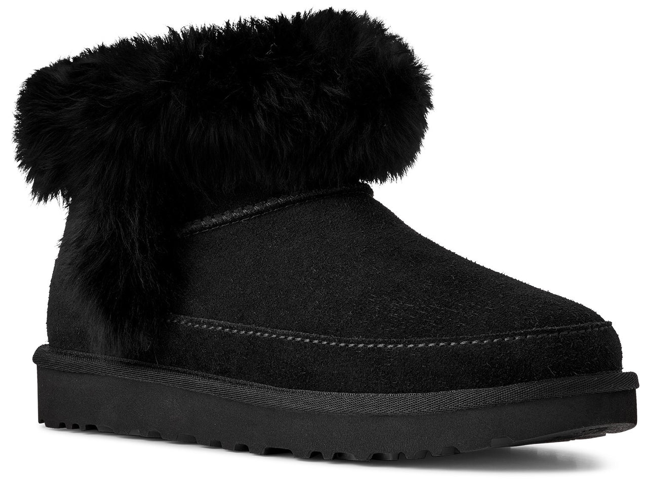 Black, ankle-high slipper boot with thick fur trim.