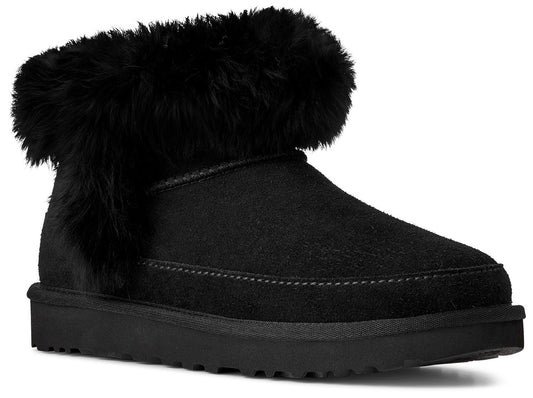 Black, ankle-high slipper boot with thick fur trim.