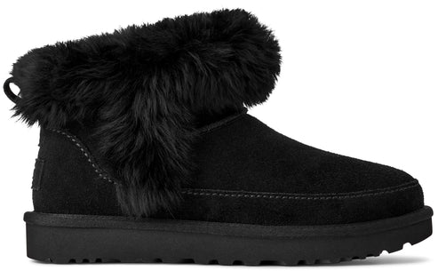 Black boot with fur trim and loop.