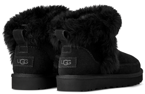 Pair of black, short boots with fuzzy trim and a fabric pull tab on the back.