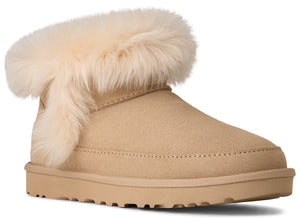 Beige ankle boot with a fluffy cuff.