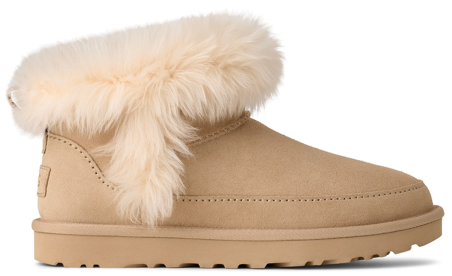Tan ankle boot with a thick beige fur cuff.