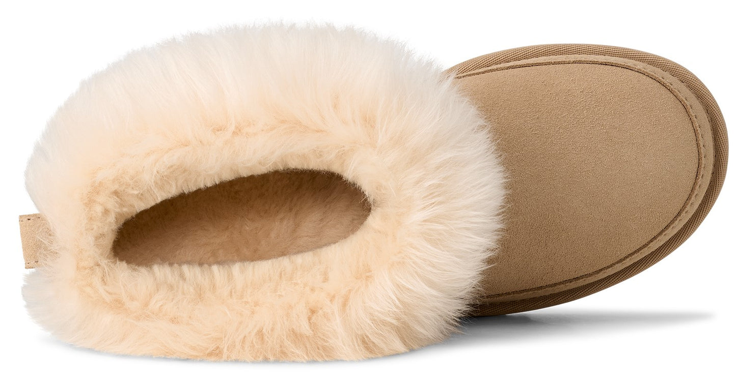 Close-up of a beige slipper with thick faux fur lining around the opening.