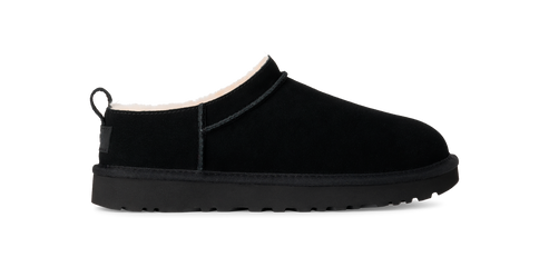 A black slipper with a white fur lining.