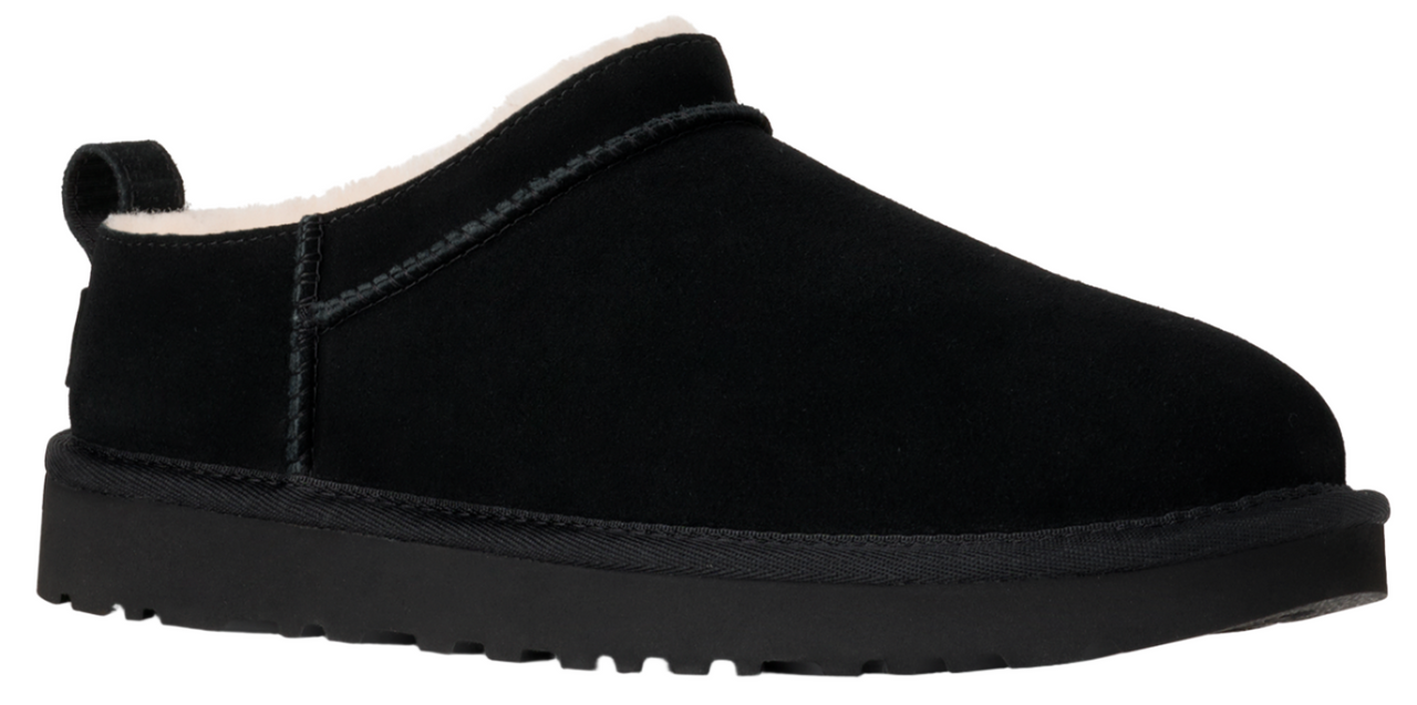 Black slip-on shoe with a thick sole and fuzzy lining.