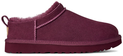 Maroon slip-on shoe with fur lining and loop pull.