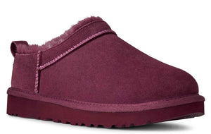 Maroon suede slipper with sheepskin trim and a rubber sole.
