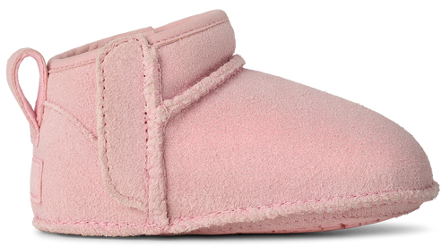 Pink suede baby boot with a loop at the back.