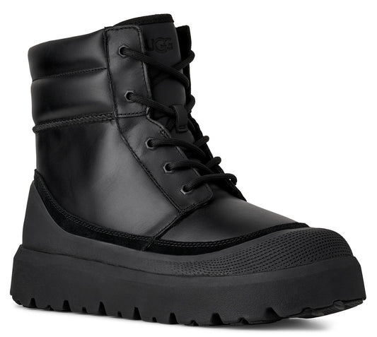 A black lace-up boot with a thick sole and UGG logo.