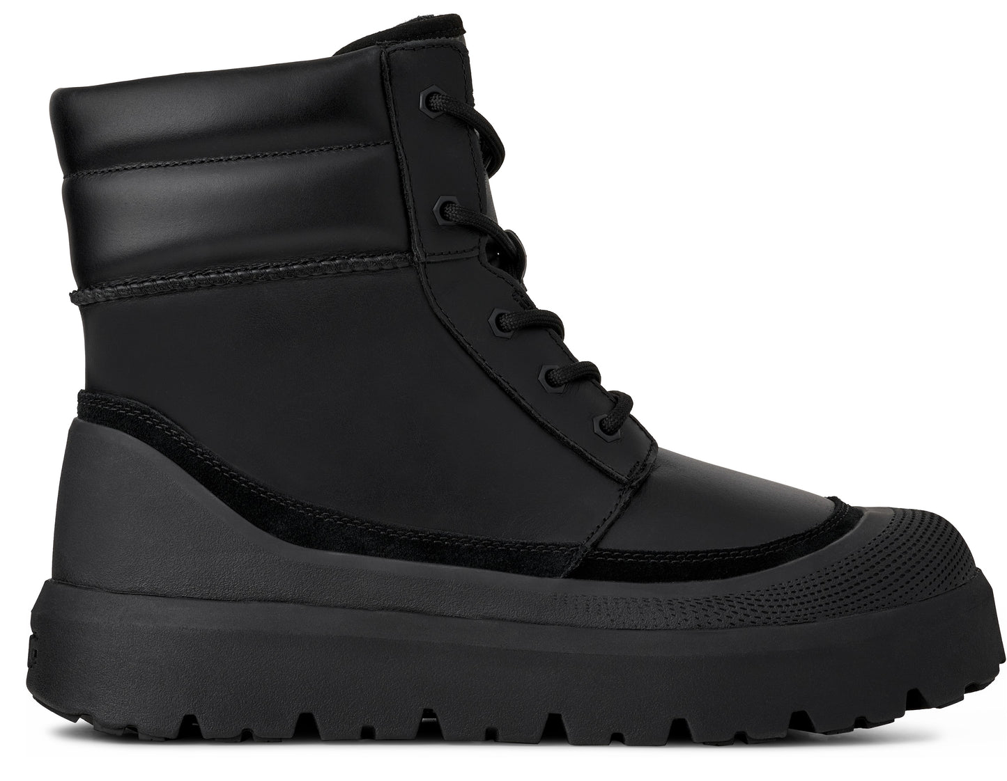 Black lace-up boot with a chunky, cleated platform sole.