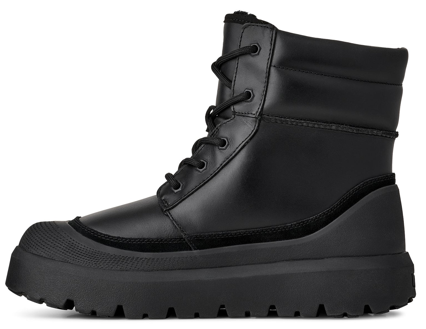Black lace-up lug sole boot with padded collar.