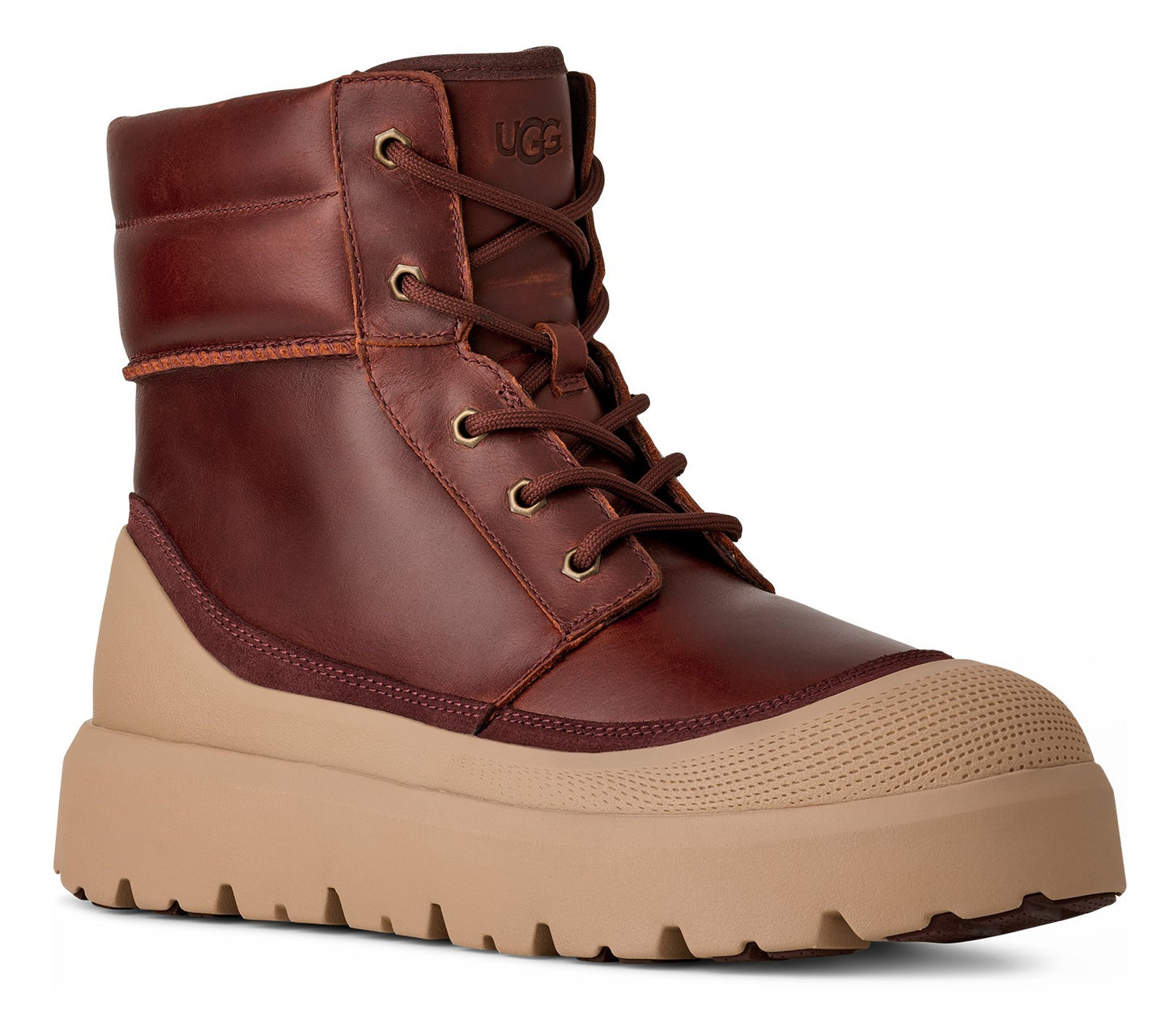 A reddish-brown ankle boot with a beige rubber toe and sole and dark-brown laces.