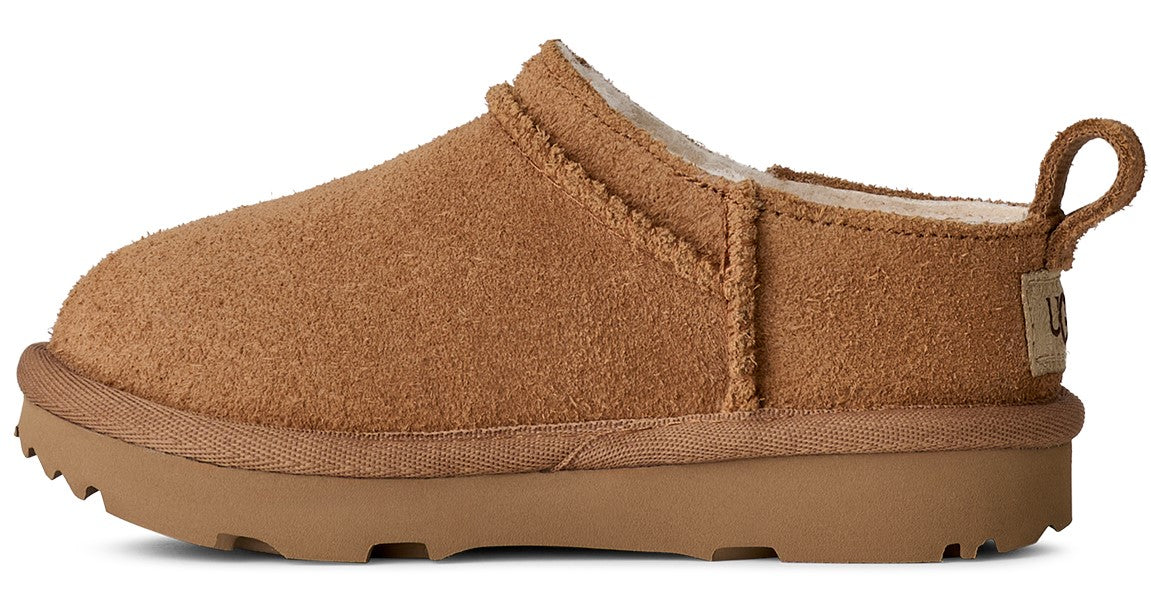 Tan suede slipper with matching rubber sole and a heel loop.