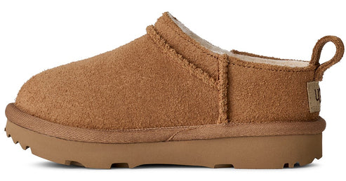Tan suede slipper with matching rubber sole and a heel loop.