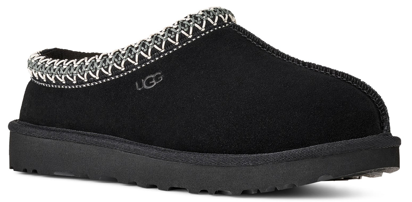 Black slip-on slipper with a black sole and a patterned trim.