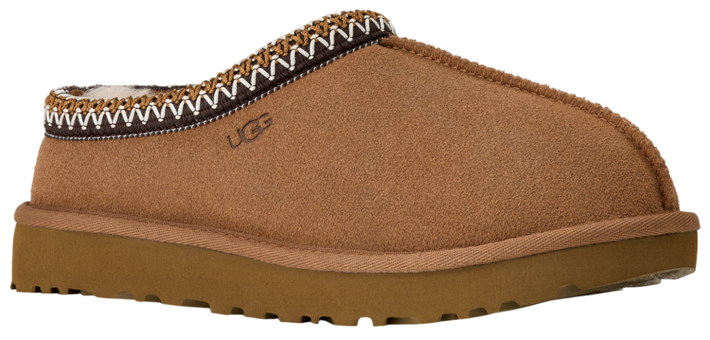 Brown UGG mule slipper with brown, beige and white trim around the opening.