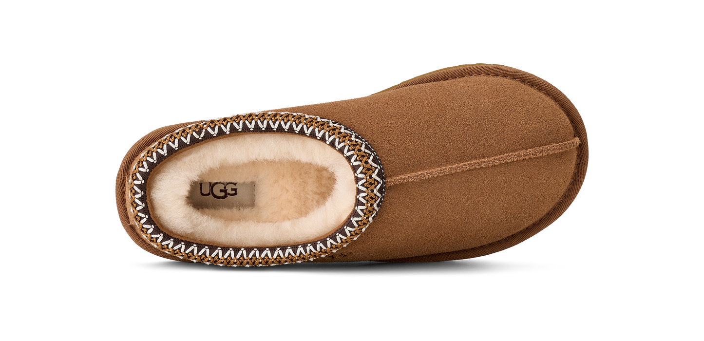 A brown UGG slipper with decorative stitching around the opening.